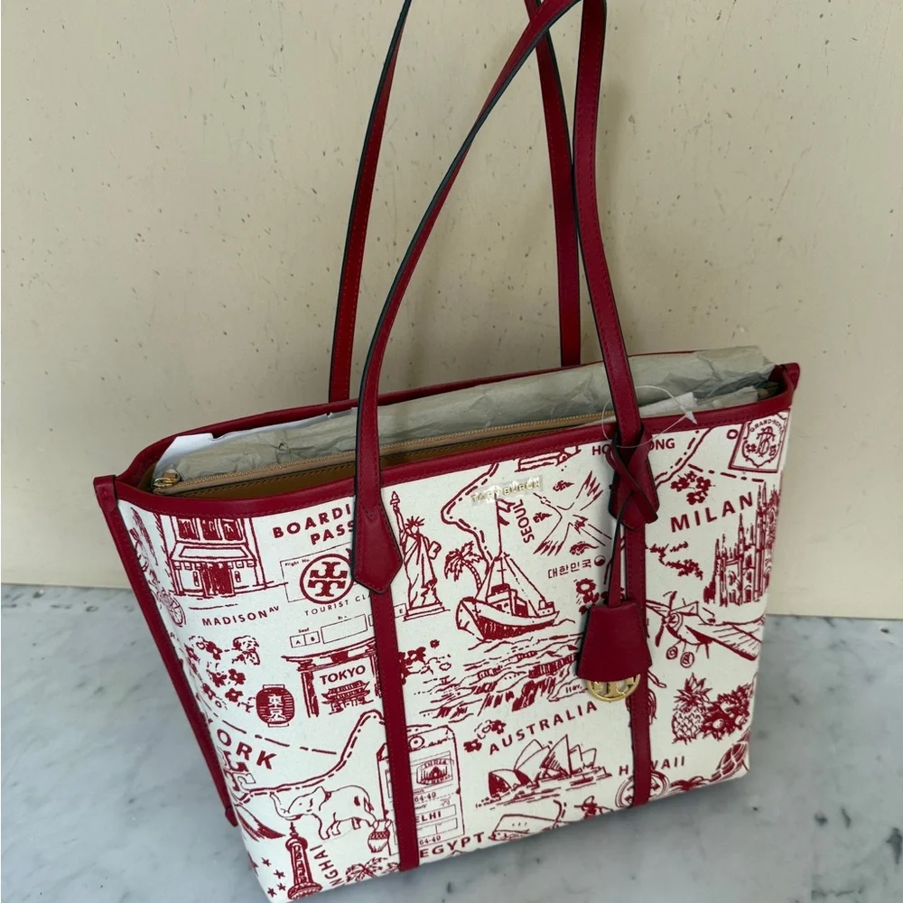 NWT Tory Burch Illustrated Tote in Red Cream highlighting international cities - Picture 13 of 13